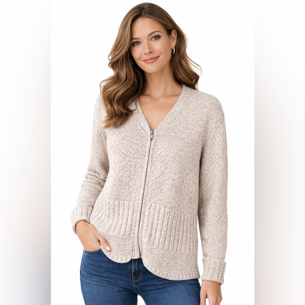 Y2K Christopher & Banks Oatmeal Zip Cardigan L Ramie Cotton Knit Sweater